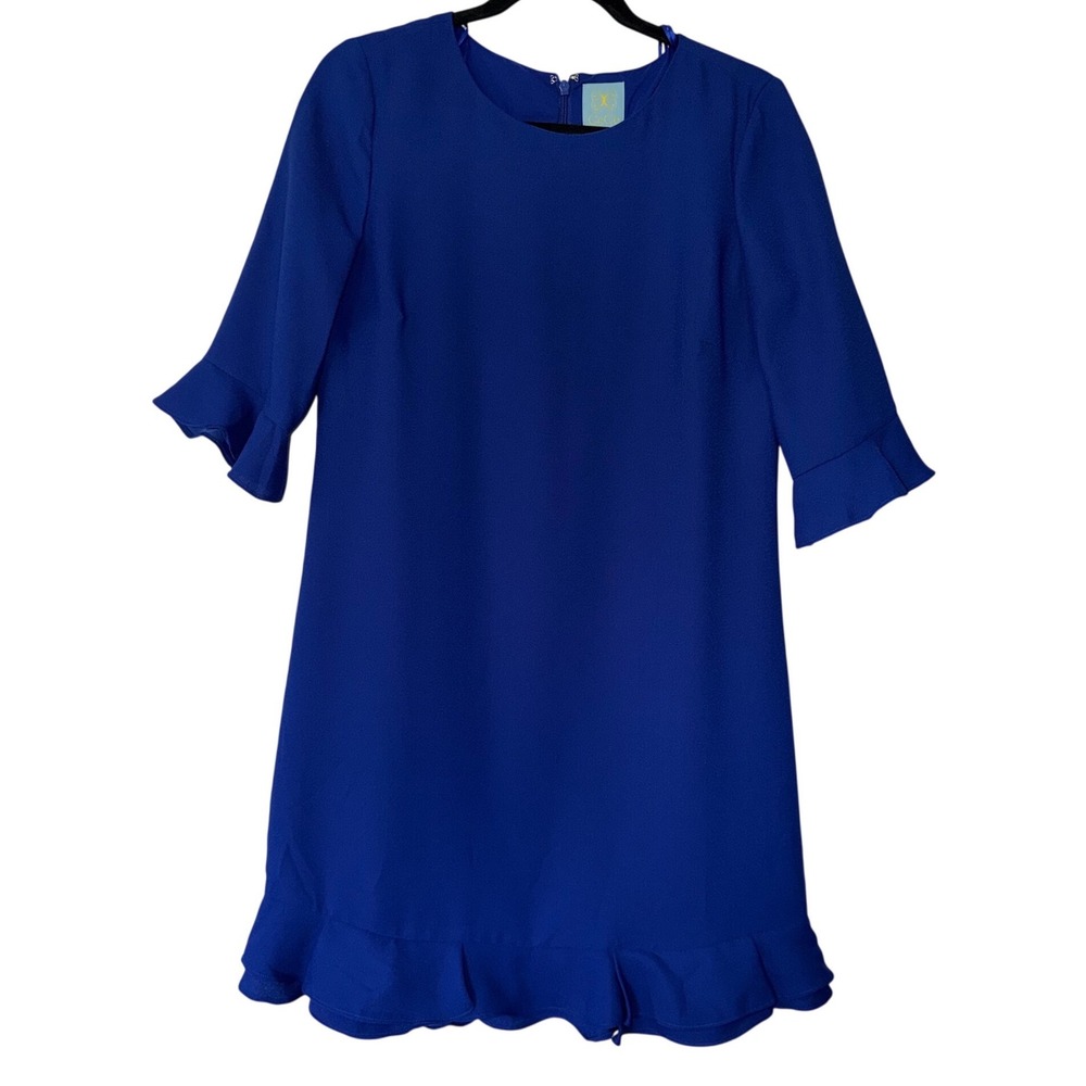 CeCe Cobalt Blue Ruffle Hem Kate Elbow Sleeve Shift Dress Size 6‎